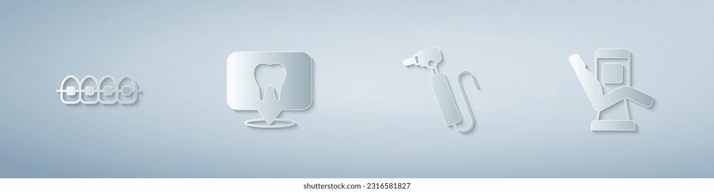 Set Teeth with braces, Dental clinic location, Tooth drill and Medical dental chair. Paper art style. Vector