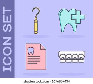 Zähne mit Zahnspangen, Zahnarztmesser für Zähne, Zwischenablage mit Zahnkarte und Zahnarztklinik für Zahnpflegezahnsymbol. Vektorillustration