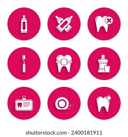 Poner dientes con cordones, hilo dental, concepto de blanqueamiento dental, botella de plástico de lavavajillas, diente de tarjeta de identificación, cepillo de dientes, caries y tubo de ícono de pasta dental. Vector
