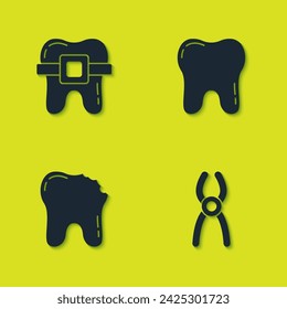 Set Teeth with braces, Dental pliers, Broken tooth and Tooth icon. Vector
