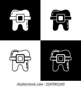 Set Teeth with braces icon isolated on black and white background. Alignment of bite of teeth, dental row with with braces. Dental concept.  Vector