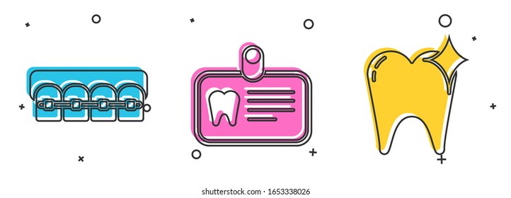 Set Teeth with braces, Id card with tooth and Tooth whitening concept icon. Vector