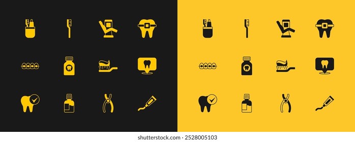 Ajuste os dentes com aparelho, antisséptico bucal, pasta de dentes da escova de dentes, alicate dentário, comprimido de analgésico para dor de dente, cadeira odontológica médica e ícone. Vetor