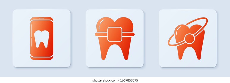 Set Teeth with braces, Online dental care and Tooth whitening concept. White square button. Vector