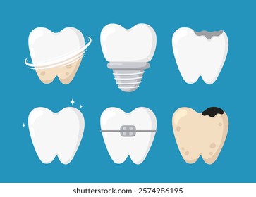 Set of teeth with braces, with plaque and caries, dental implant, cleaning and whitening, cracked, healthy. Dental care, orthodontics, treatment and oral hygiene concept. Vector flat icon illustration