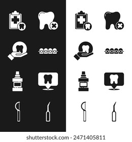 Set Teeth with braces, Tooth, Dental card, caries, Mouthwash bottle, clinic location, explorer scaler and floss icon. Vector