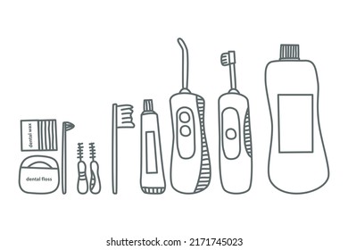 Set of teeth care tools. Toothbrush, electric toothbrush, toothpaste, dental floss, mouthwash, tuft toothbrush, interdental brush, teeth cleaning irrigator, dental wax. Line vector illustration.