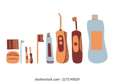 Juego de herramientas de cuidado de dientes. Cepillo de dientes, cepillo de dientes eléctrico, pasta dental, hilo dental, enjuague bucal, cepillo de dientes, cepillo interdental, rigador de limpieza de dientes, cera dental. Ilustración vectorial de estilo plano.