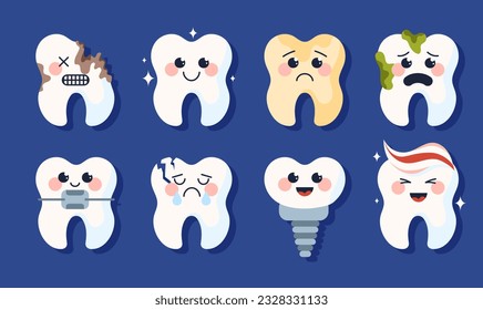 Set of teeth with caries. Caring for oral hygiene and health. Educational materials for children. Plaque, spots, crack and broken root. Cartoon flat vector collection isolated on blue background