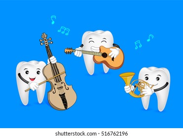 Set of teeth character playing music, cello, guitar and French Horn. Vector illustration isolated on blue background.