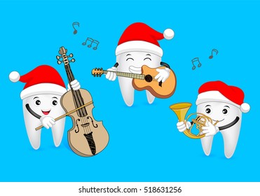 Set of teeth character wearing Santa hat,  playing music. Cello, guitar and French Horn. Illustration isolated on blue background.