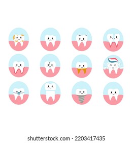 Juego de caracteres de dientes en dibujos animados de estilo plano. Ilustración vectorial de diversas enfermedades dentales y afecciones dentales, como caries, crack, fractura, implante, gingivitis, diente de sabiduría para folleto, pancarta, sangrado