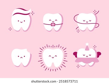 Set of Teeth Characters for Children's dentistry. Cute Teeth Emoji. Healthy Tooth, Tooth with Toothpaste, Braces, Dental Floss, Tooth Fairy. Vector Illustration in Flat Style on Pink Background