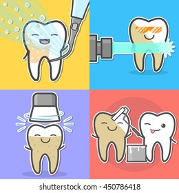 Set of teeth cleaning and whitening concepts. Scaler, laser, mechanical, paint. Cartoon vector dental illustration.