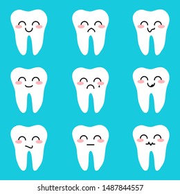 Set of teeth with different emoji. Funny and sad emoticons teeth. Eps10