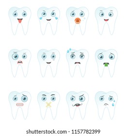 Set of teeth with different emotions. Icons collection of teeth emoji, faces with different expressions of emotions. Vector illustration.