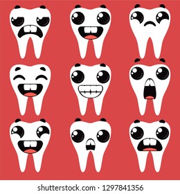 Set teeth with different emotions. Vector illustration in cartoon childish style.