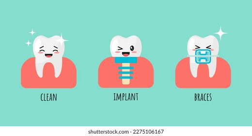 Set of Teeth in different states. Kawaii faces. Vector illustration.