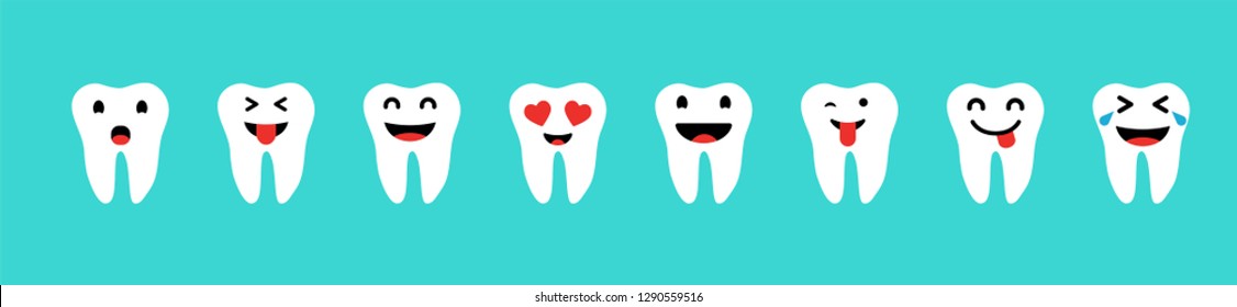 Set of Teeth with emotions in white color on blue background. Happy Teeth set. Tooth icons. Eps10