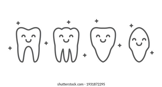 Stellen Sie die Zähne glückliche Gesichter Zeichen einfache Kontur Linie gesunden Zahn Symbol Vektorgrafik.
