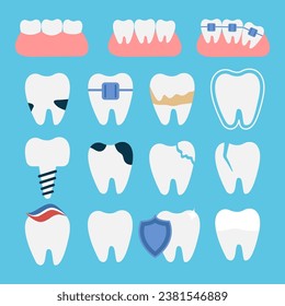 A set of teeth. Healthy and diseased teeth. The concept of dental treatment. Vector. Flat style