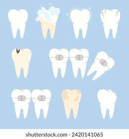 Set of teeth. Healthy and diseased tooth, caries, broken, spots, crack, orthodontic braces. Flat vector illustration