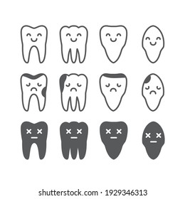 Set teeth healthy sick tooth decay dead happy smile sadness faces characters simple contour line sign icon vector illustration.