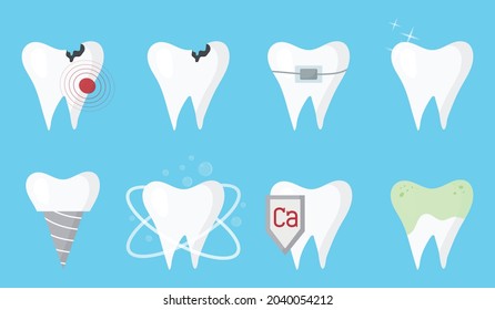 A set of teeth. Healthy tooth, clean tooth, toothache, Tooth protection with calcium. Vector illustration in a flat style. Collection of different tooth conditions.