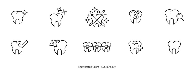 Juego de iconos de dientes. Atención dental, control preventivo, servicios de estomatología, odontología, dolor de dientes, llaves, diseño oral limpio y lineal. Ilustración vectorial. EPS 10