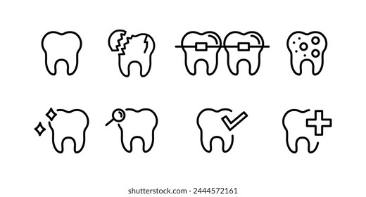 Eine Reihe von Zähne-Icons. Zahnpflege, Vorsorgeuntersuchungen, stomatologische Dienstleistungen, Zahnbehandlung, Zahnschmerzen, Zahnspangen, Mundreinigung, lineares Design. Vektorillustration.