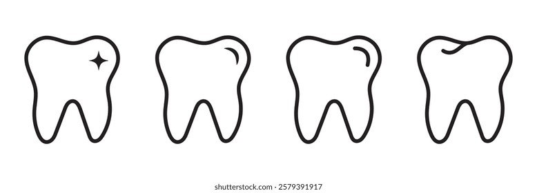 Set of teeth icons. Dental care, prevention check up, stomatology services, dental, toothache, braces, oral clean, linear design. Vector illustration.
