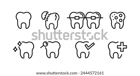 Set of teeth icons. Dental care, prevention check up, stomatology services, dental, toothache, braces, oral clean, linear design. Vector illustration.