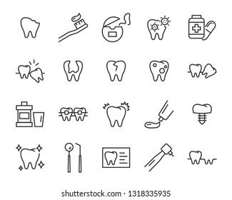 set of teeth icons, such as dental, tooth, brush, mouth, oral, pain