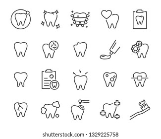 set of teeth icons, such as dental, tooth, brush, mouth, oral, pain