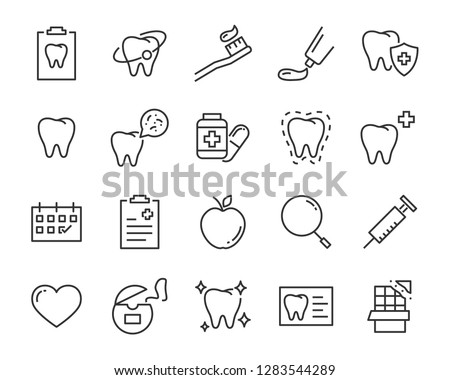 set of teeth icons, such as dental, tooth, brush, mouth, oral, pain