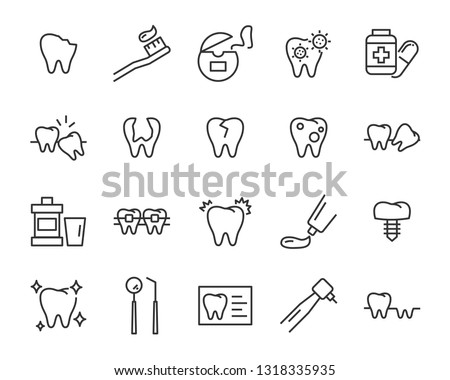 set of teeth icons, such as dental, tooth, brush, mouth, oral, pain
