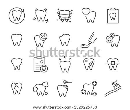 set of teeth icons, such as dental, tooth, brush, mouth, oral, pain