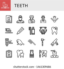 Set of teeth icons such as Trap, Dental record, Dentist, Circular saw, Toothpaste, Dental hygiene, Saber toothed tiger, Broken tooth, Walrus, Comb, Dental drill, Hand saw , teeth