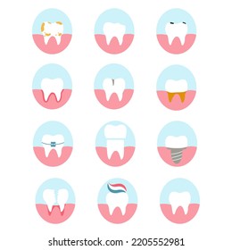 Set of teeth icons. Vector illustration of various dental diseases and tooth condition, as caries, crack, split, implant, gingivitis, wisdom tooth for brochure, banner, dental clinic, logo.