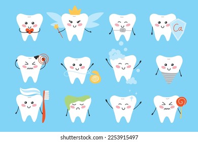Set of teeth in kawaii style. Character teeth collection. Vector illustration. Flat cartoon style. Tooth vein, toothache, clean tooth, dental floss.
