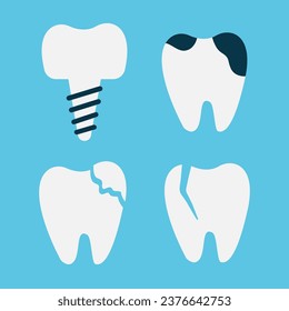 A set of teeth on a blue background. The concept of dental health. Dentistry icons. Vector. Flat style