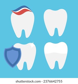 A set of teeth on a blue background. The concept of dental health. Dentistry icons. Vector. Flat style