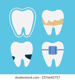 A set of teeth on a blue background. The concept of dental health. Dentistry icons. Vector. Flat style