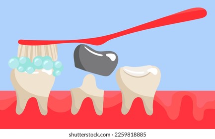 A set of teeth on the gums with a brush, with a crown and clean, a seal and no tooth. They clean the tooth, the tooth with a silver crown, sealed, the gum without a tooth. Flat style