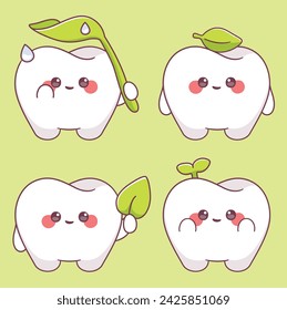 Set teeth with peppermint leaf cartoon character collection