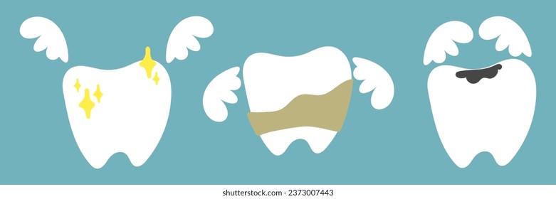 A set of teeth with problems and wings. A clean tooth with shine, a tooth with caries, a tooth with tartar. Dental problems, treatment. Wings with emotions of joy, fear, sadness. Isolated flat vector