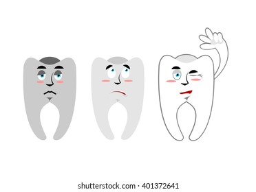Set of teeth. Tooth with emotions. Rotten black white and healthy teeth. Cheerful waves. Illustration for dentist
