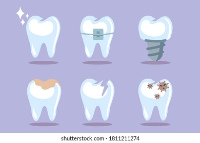 Set of teeth, tooth icons on blue background vector illustration Dental concept for your design Oral hygiene teeth cleaning