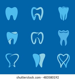 Set of teeth, tooth icons on blue background. Can be used as logo for dental, dentist or stomatology clinic, teeth care and health concept
