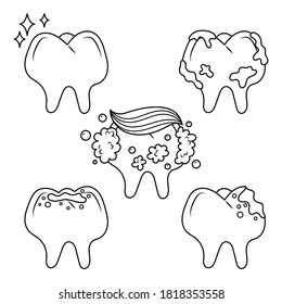 Set of teeth vector illustration isolated on white background. Strong teeth, limestone tooth, hole in tooth, tooth decay. Dentist and dental vector cartoon coloring page.